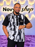 Chemise col mao homme imprimé marbre noir et blanc avec poche accent doré