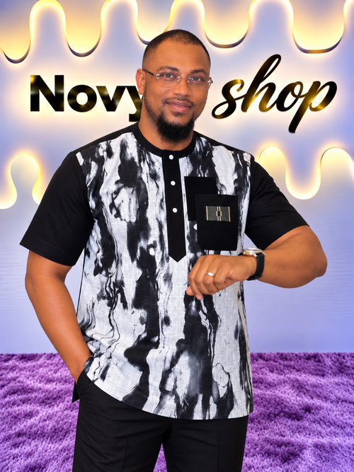 Chemise col mao homme imprimé marbre noir et blanc avec poche accent doré