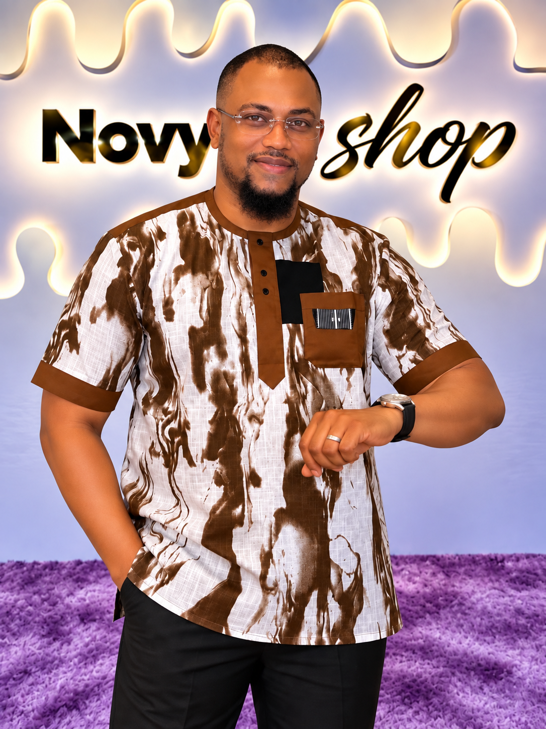 Chemise col mao homme imprimé marbre caramel et blanc avec finitions caramel