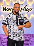 Chemise col mao homme imprimé floral encre noire sur fond blanc avec finitions noires