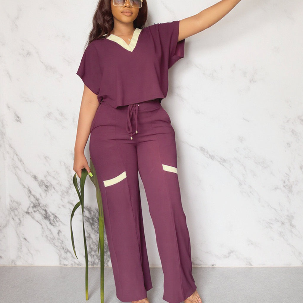 Ensemble Deux Pièces Bicolore — Top V & Pantalon Large