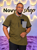 Chemise col rond homme vert kaki avec patchwork rayé noir et blanc