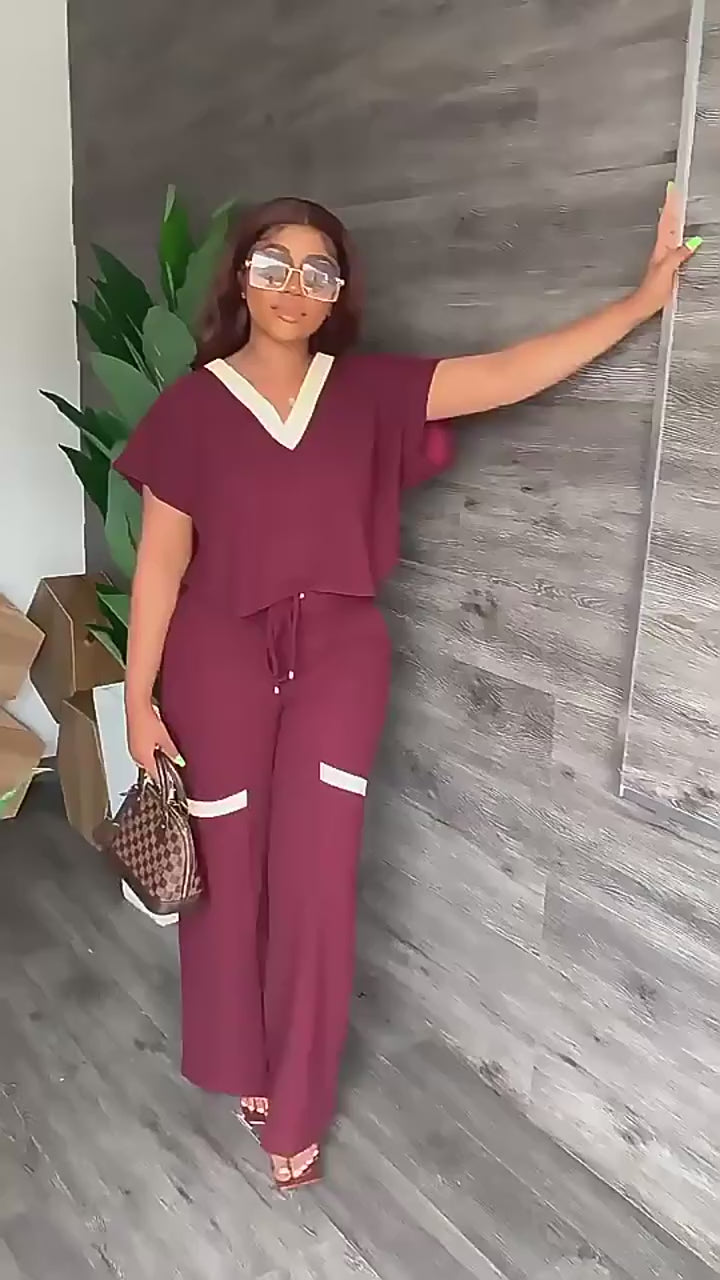 Ensemble Deux Pièces Bicolore — Top V & Pantalon Large